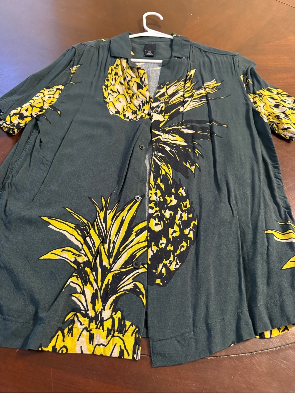 H&M Dark Green Short-Sleeve Button-Down Top with Yellow Pineapple Print